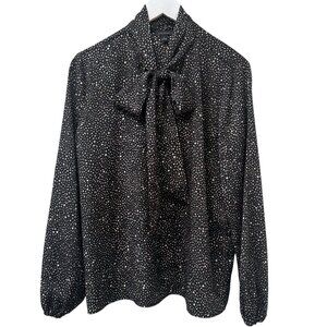 Ann Taylor Bow Blouse Size Medium Black Stars Print Button Up Womens Top